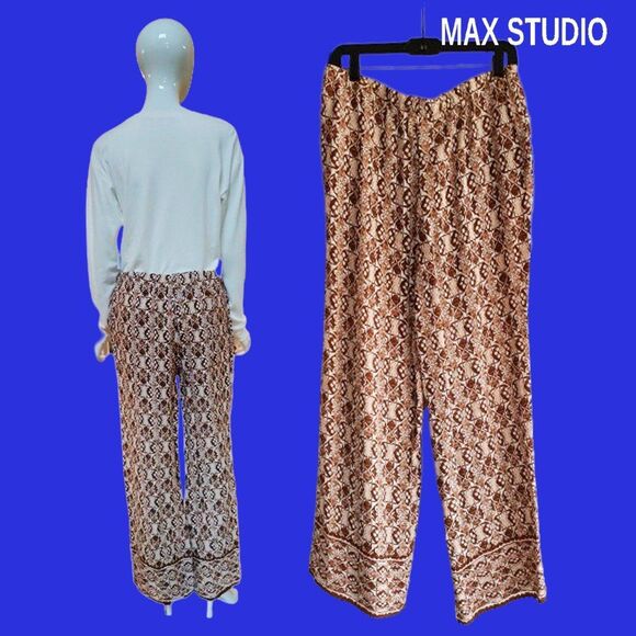 MAX STUDIO NEW Bohemian Medallion Drawstring Flowing Wide Leg Pant M - Picture 8 of 12